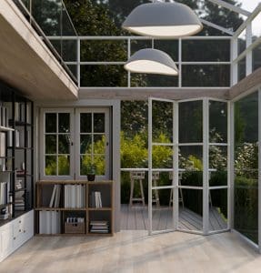 A bi-fold door consists of multiple panels that fold in half and stack to one or both sides of the opening when opened.