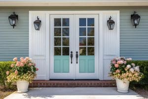 French door patio doors feature two hinged glass panels that open outwards.