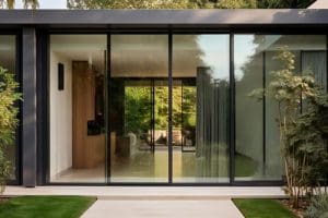 A multi slide glass door features multiple panels that slide horizontally on a track.