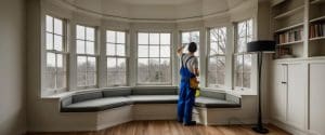 A contrator measures before replacing windows and doors in the home.